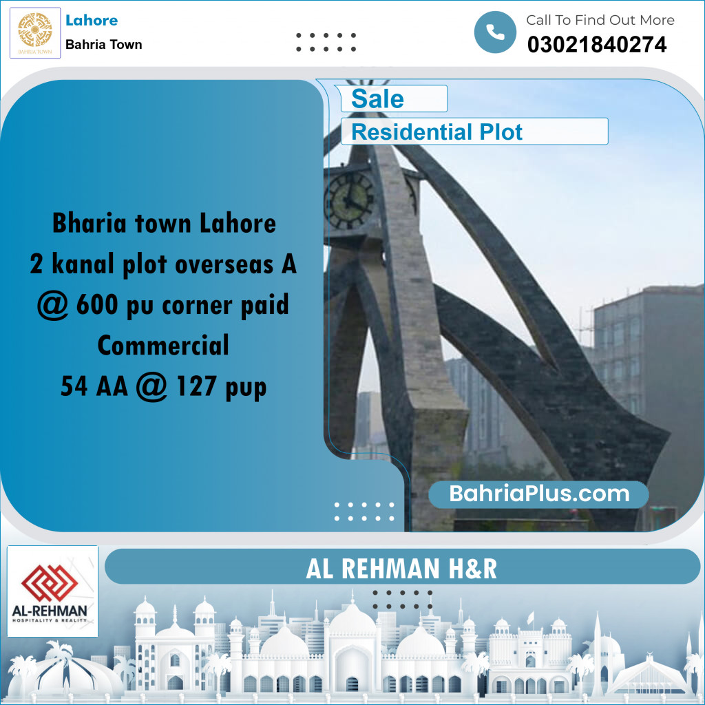 2 Kanal Residential Plot for Sale in Bahria Town, Lahore - (BP-331024)