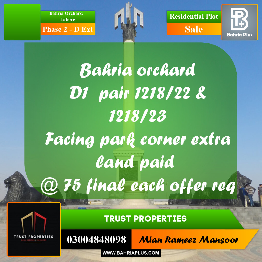 9 Marla Residential Plot for Sale in Phase 2 - D Ext -  Bahria Orchard, Lahore - (BP-331092)