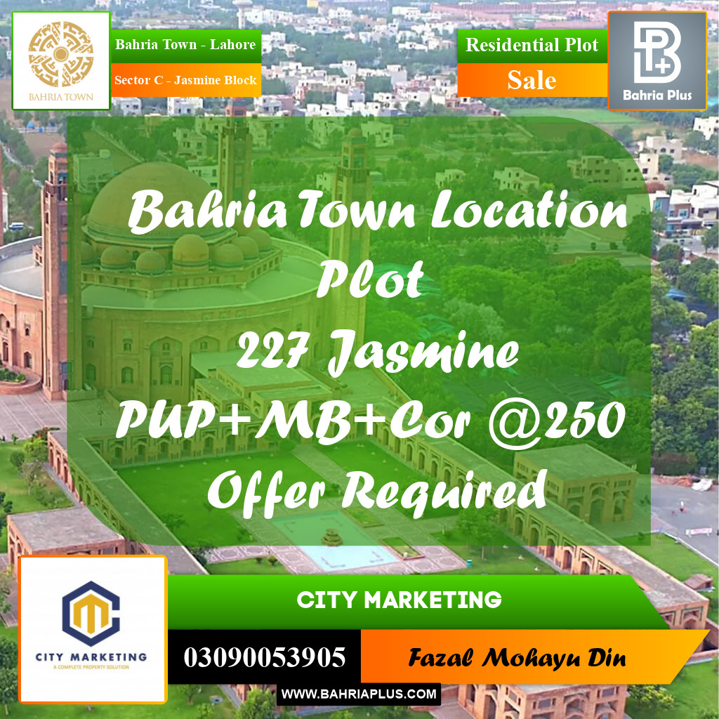 10 Marla Residential Plot for Sale in Sector C - Jasmine Block -  Bahria Town, Lahore - (BP-331111)