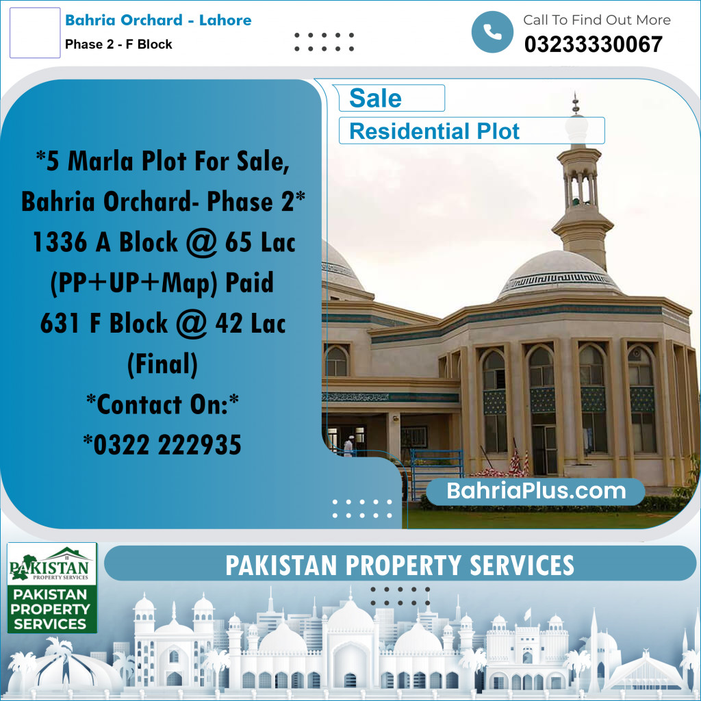 5 Marla Residential Plot for Sale in Phase 2 - F Block -  Bahria Orchard, Lahore - (BP-331393)