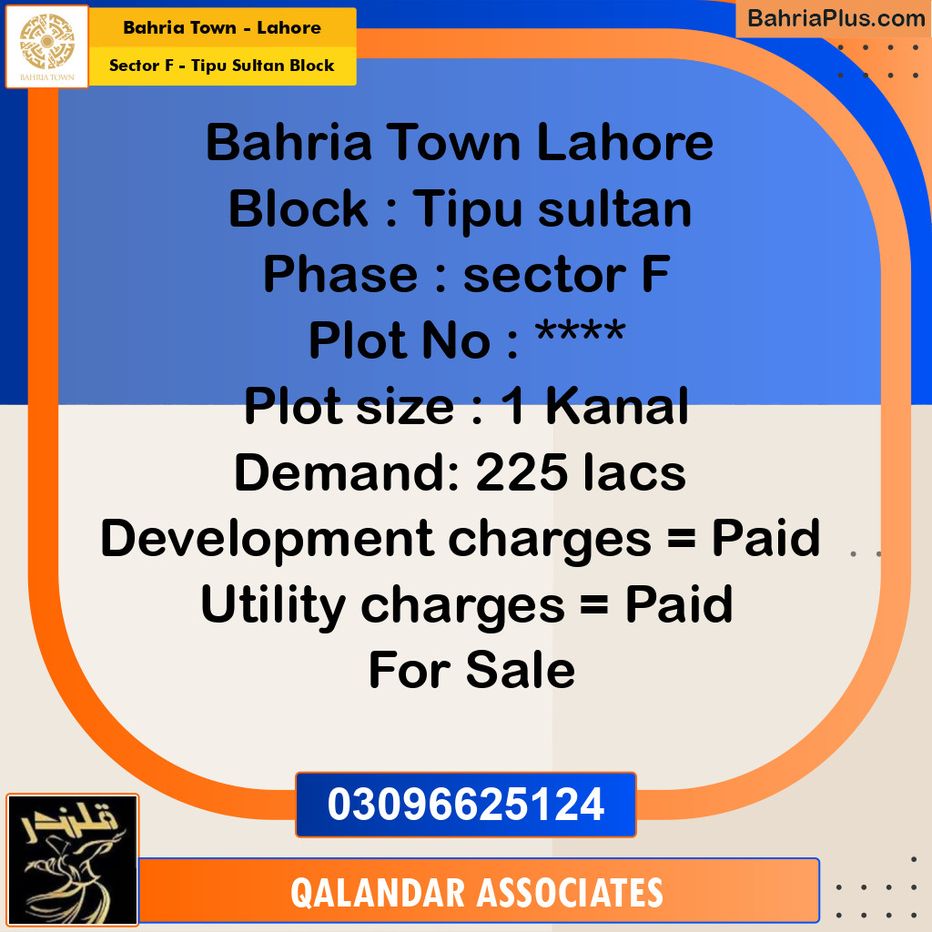 1 Kanal Residential Plot for Sale in Sector F - Tipu Sultan Block -  Bahria Town, Lahore - (BP-331703)
