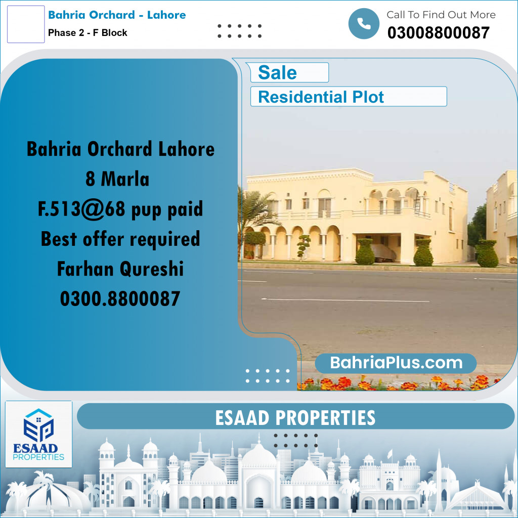 8 Marla Residential Plot for Sale in Phase 2 - F Block -  Bahria Orchard, Lahore - (BP-331973)