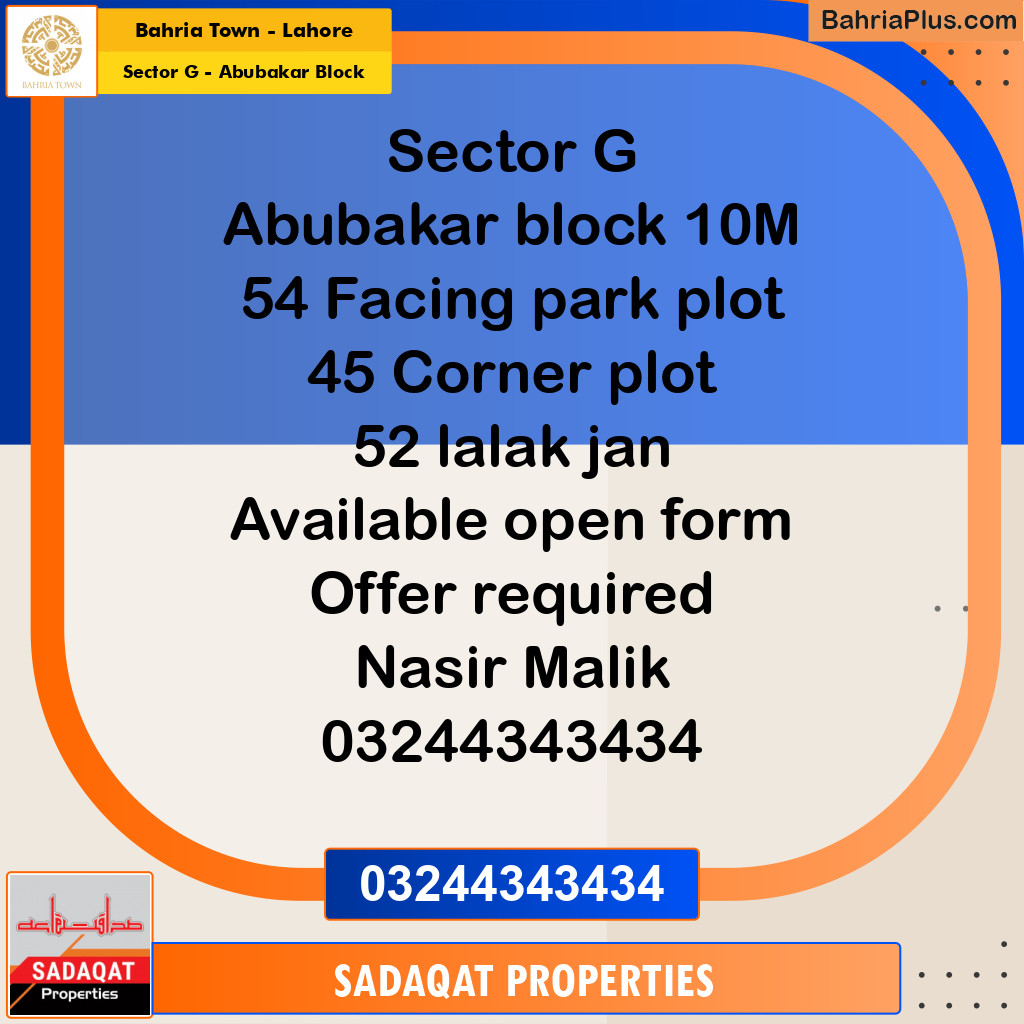 10 Marla Residential Plot for Sale in Sector G - Abubakar Block -  Bahria Town, Lahore - (BP-332258)