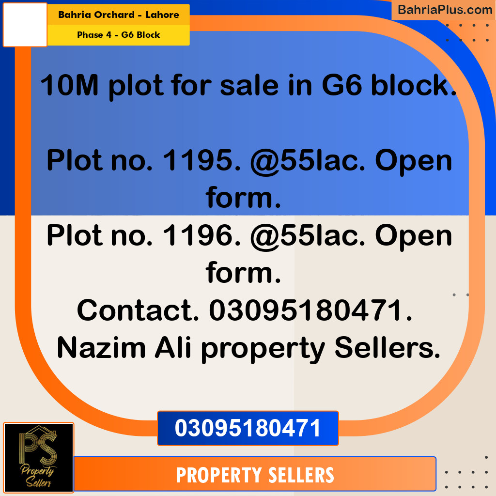 10 Marla Residential Plot for Sale in Phase 4 - G6 Block -  Bahria Orchard, Lahore - (BP-332283)