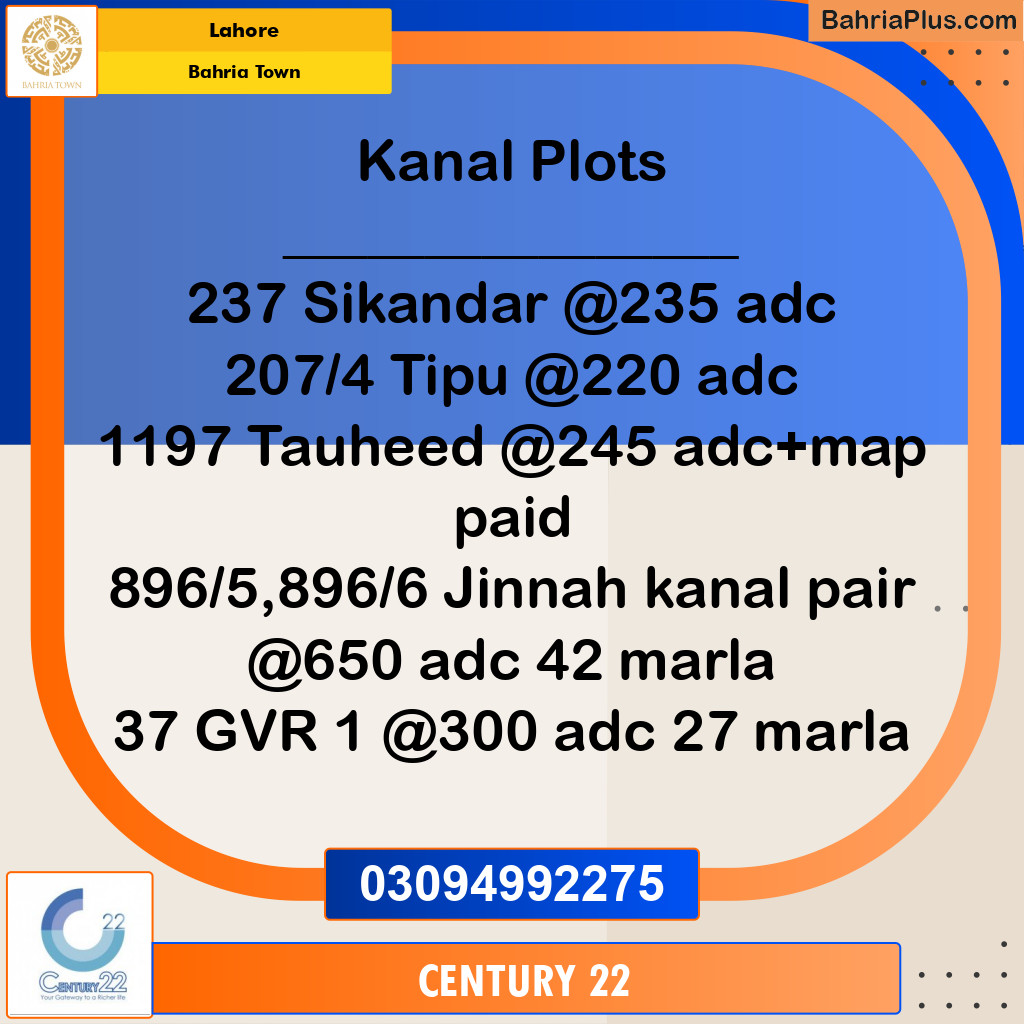 1 Kanal Residential Plot for Sale in Bahria Town, Lahore - (BP-332295)