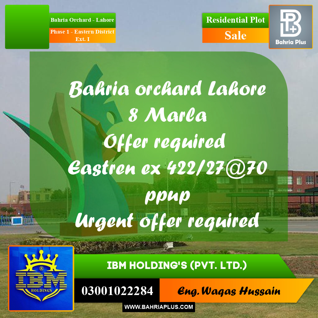 8 Marla Residential Plot for Sale in Phase 1 - Eastern District Ext. I -  Bahria Orchard, Lahore - (BP-332331)
