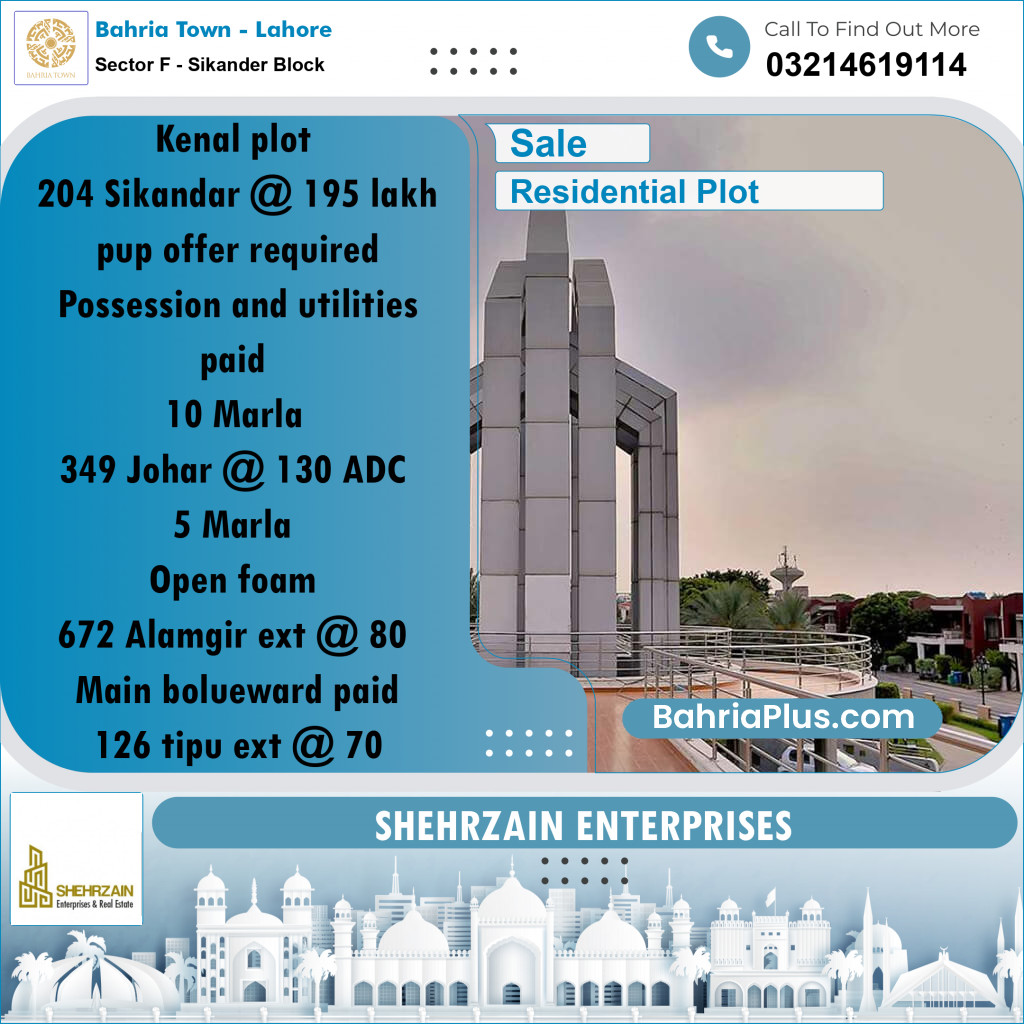 20 Marla Residential Plot for Sale in Sector F - Sikander Block -  Bahria Town, Lahore - (BP-332401)