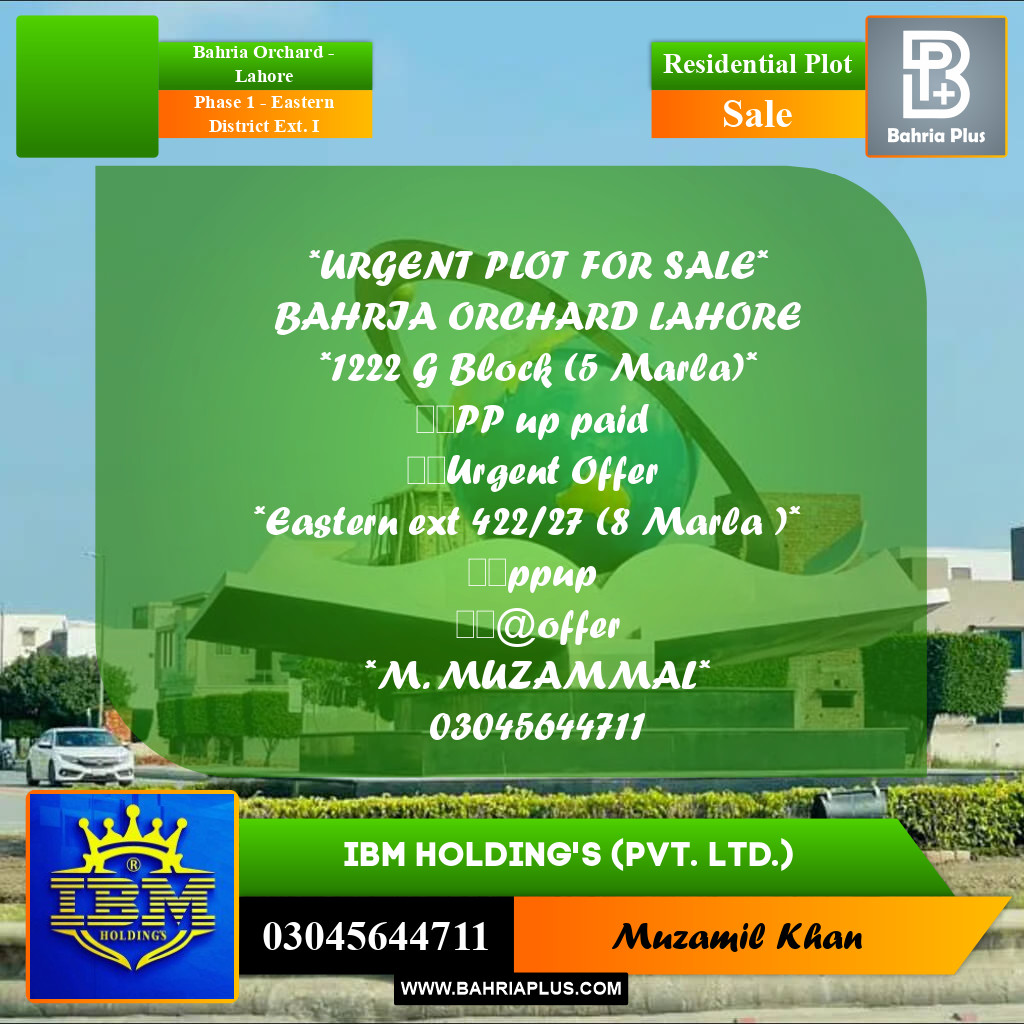 8 Marla Residential Plot for Sale in Phase 1 - Eastern District Ext. I -  Bahria Orchard, Lahore - (BP-332453)