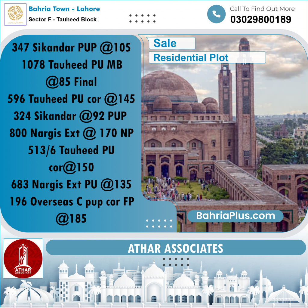 10 Marla Residential Plot for Sale in Sector F - Tauheed Block -  Bahria Town, Lahore - (BP-332486)