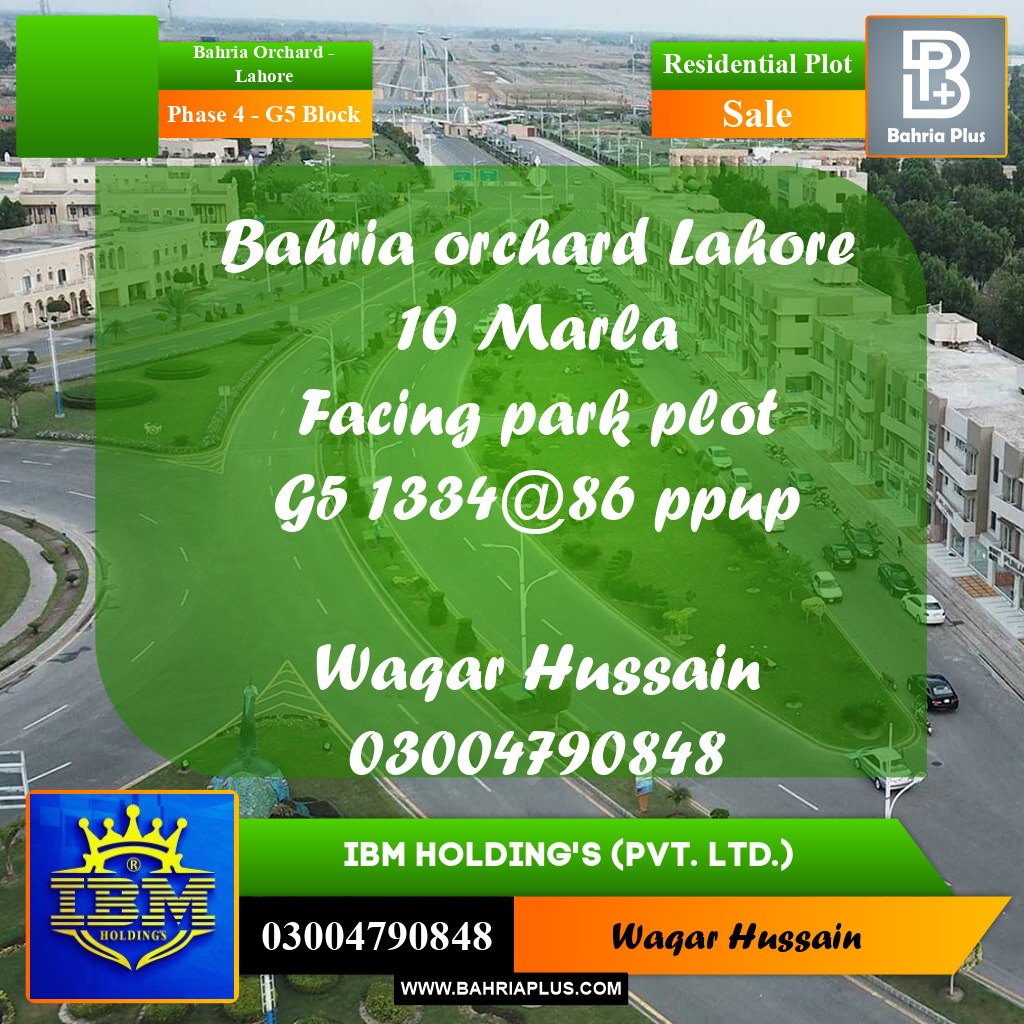 10 Marla Residential Plot for Sale in Phase 4 - G5 Block -  Bahria Orchard, Lahore - (BP-332647)