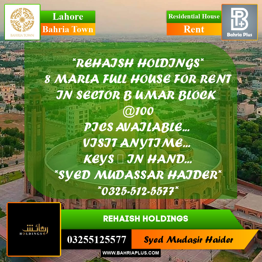 Residential House for Rent in Bahria Town, Lahore - (BP-332752)