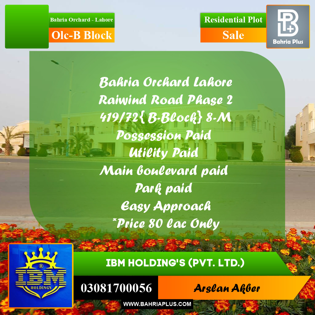 8 Marla Residential Plot for Sale in OLC-B Block -  Bahria Orchard, Lahore - (BP-332867)