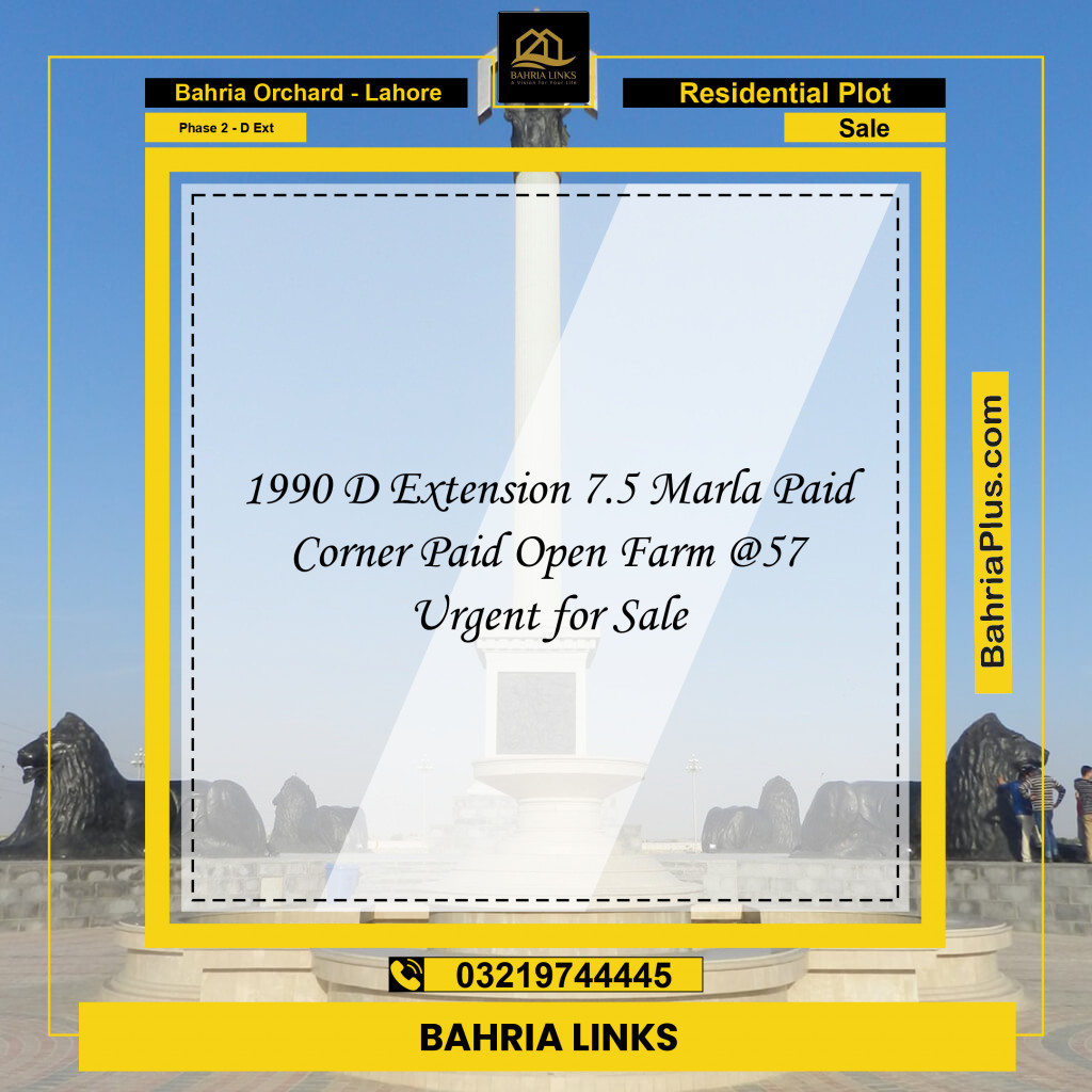 7.5 Marla Residential Plot for Sale in Phase 2 - D Ext -  Bahria Orchard, Lahore - (BP-333193)