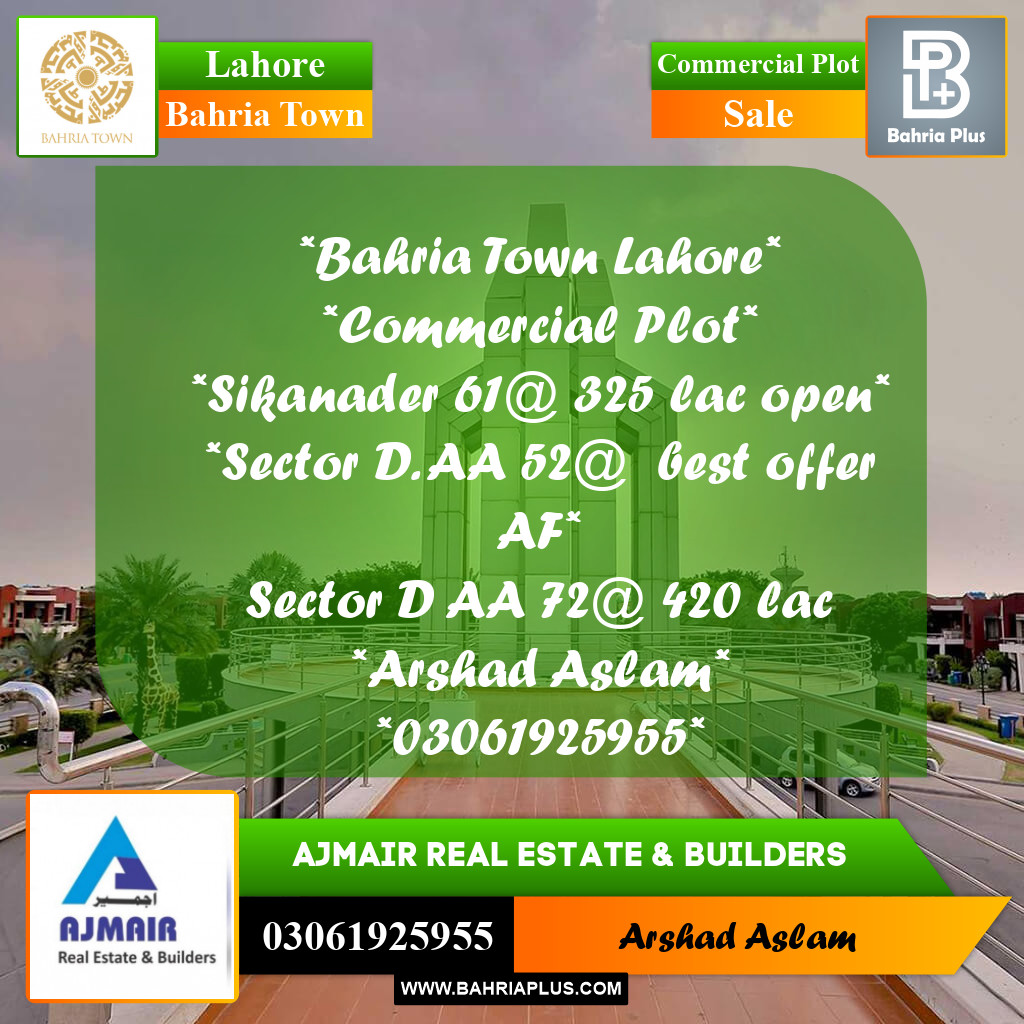 Commercial Plot for Sale in Bahria Town, Lahore - (BP-333218)