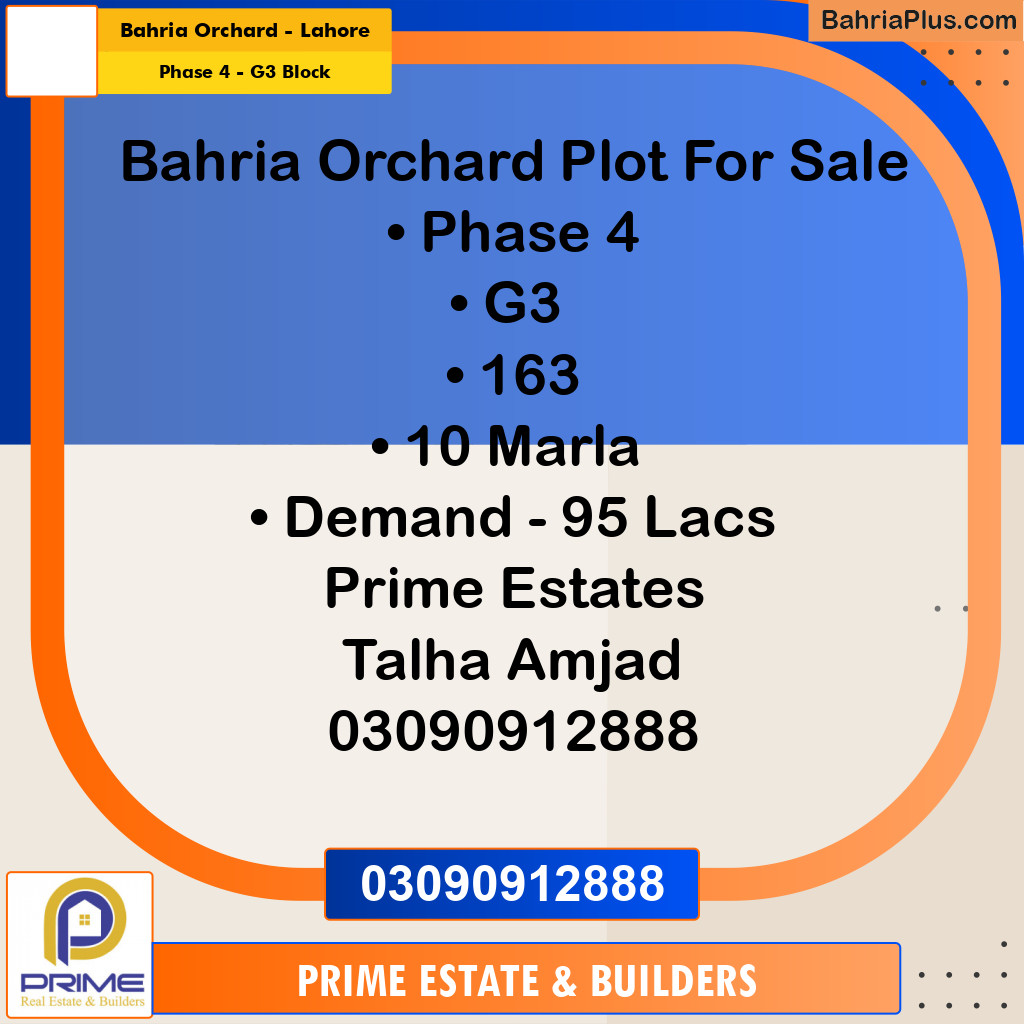 10 Marla Residential Plot for Sale in Phase 4 - G3 Block -  Bahria Orchard, Lahore - (BP-333272)