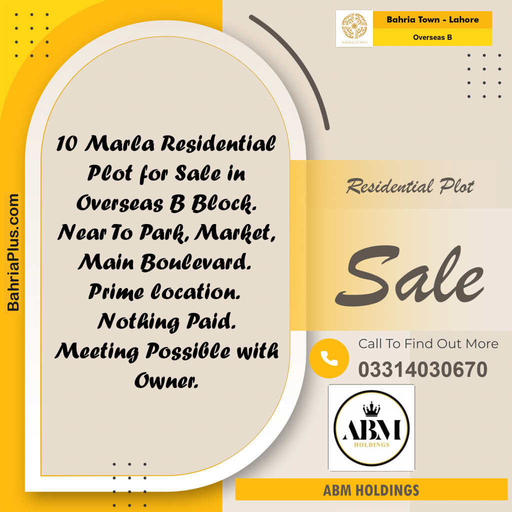 10 Marla Residential Plot for Sale in Overseas B -  Bahria Town, Lahore - (BP-333449)