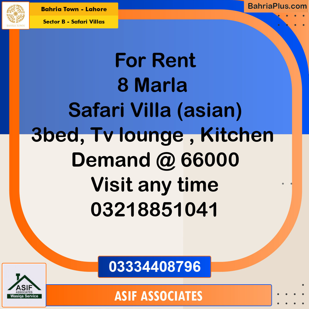 8 Marla Residential House for Rent in Sector B - Safari Villas -  Bahria Town, Lahore - (BP-333484)