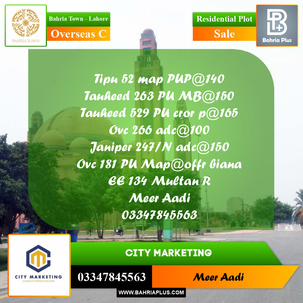 10 Marla Residential Plot for Sale in Overseas C -  Bahria Town, Lahore - (BP-333515)