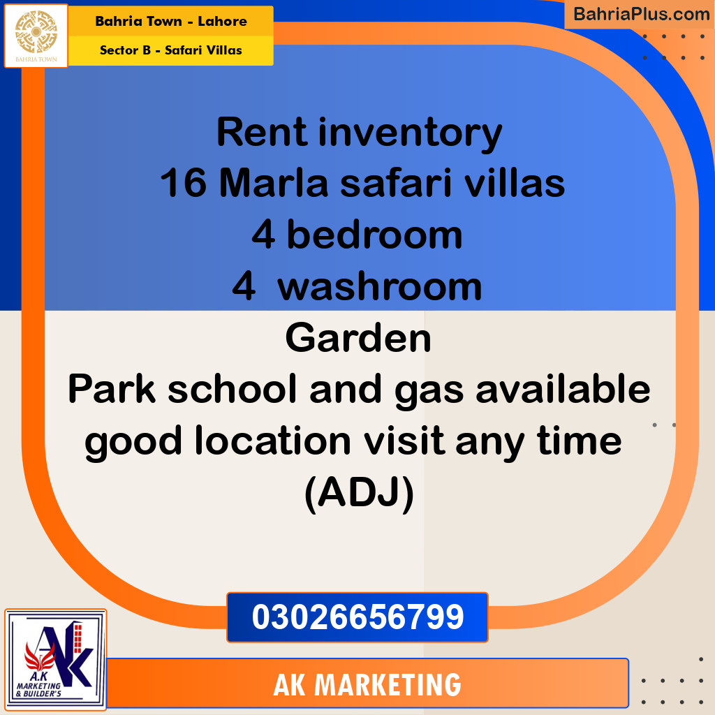 16 Marla Residential House for Rent in Sector B - Safari Villas -  Bahria Town, Lahore - (BP-333610)