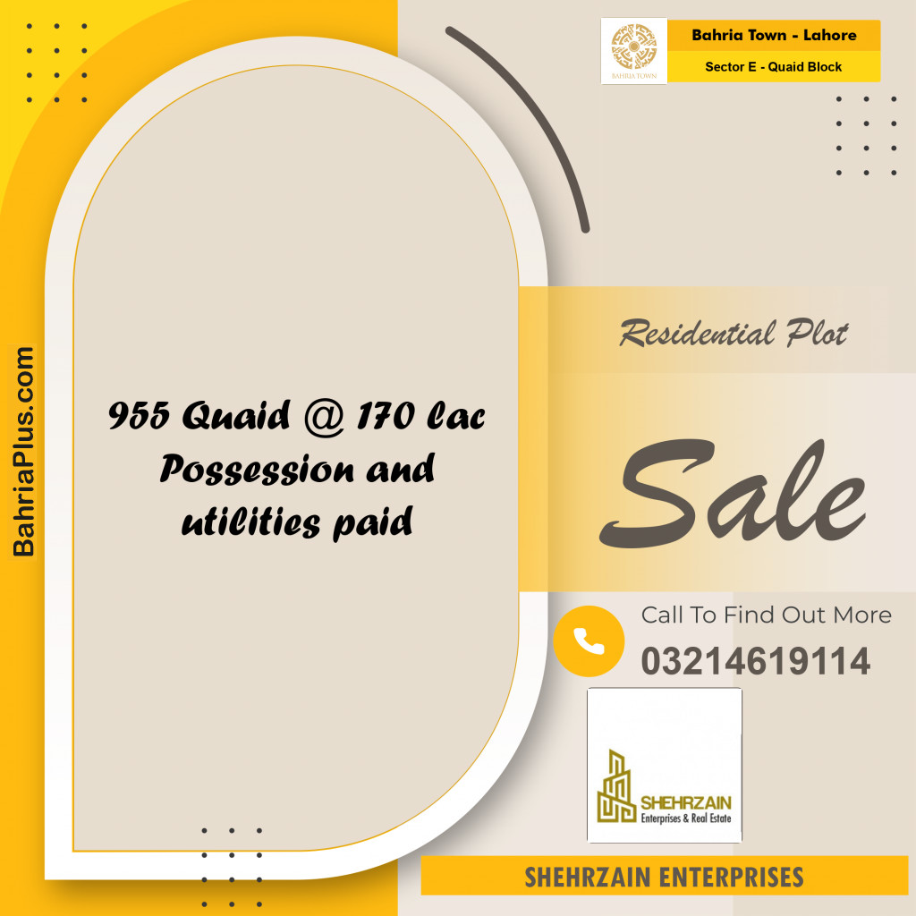 10 Marla Residential Plot for Sale in Sector E - Quaid Block -  Bahria Town, Lahore - (BP-333658)