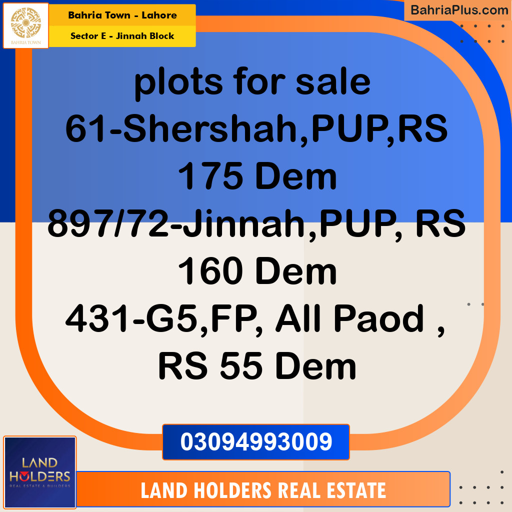 10 Marla Residential Plot for Sale in Sector E - Jinnah Block -  Bahria Town, Lahore - (BP-334104)