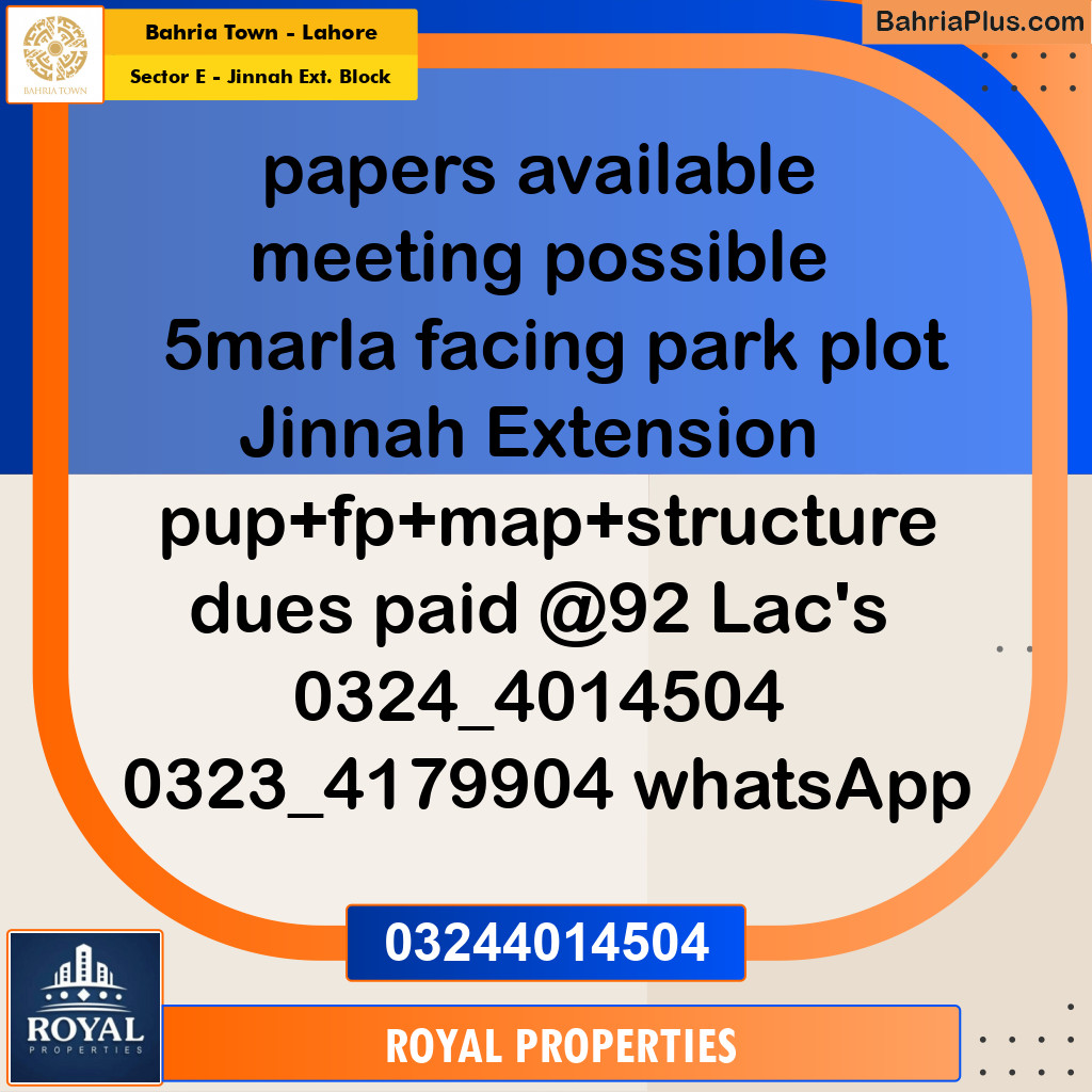 Residential Plot for Sale in Sector E - Jinnah Ext. Block -  Bahria Town, Lahore - (BP-334297)