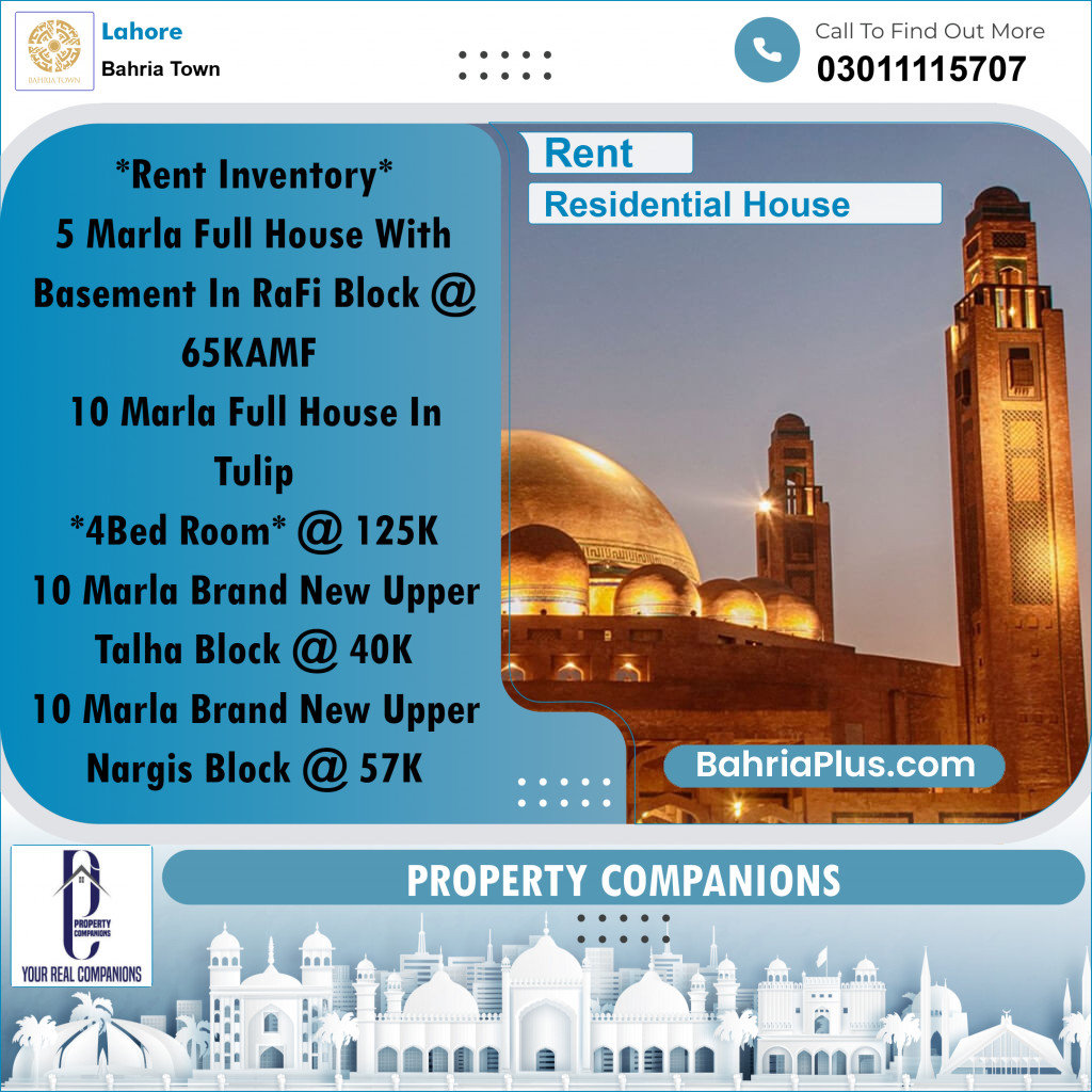 Residential House for Rent in Bahria Town, Lahore - (BP-334396)