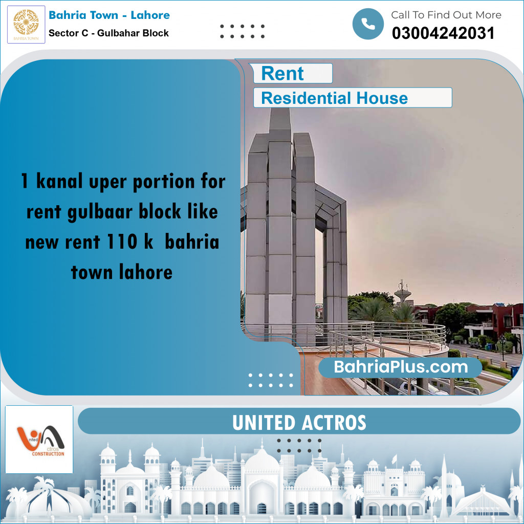1 Kanal Residential House for Rent in Sector C - Gulbahar Block -  Bahria Town, Lahore - (BP-334896)