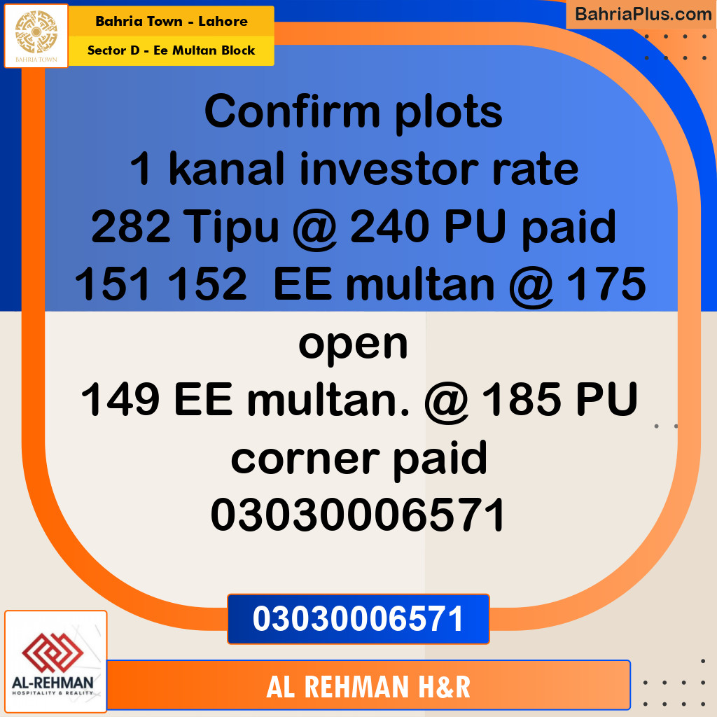 1 Kanal Residential Plot for Sale in Sector D - EE Multan Block -  Bahria Town, Lahore - (BP-334980)