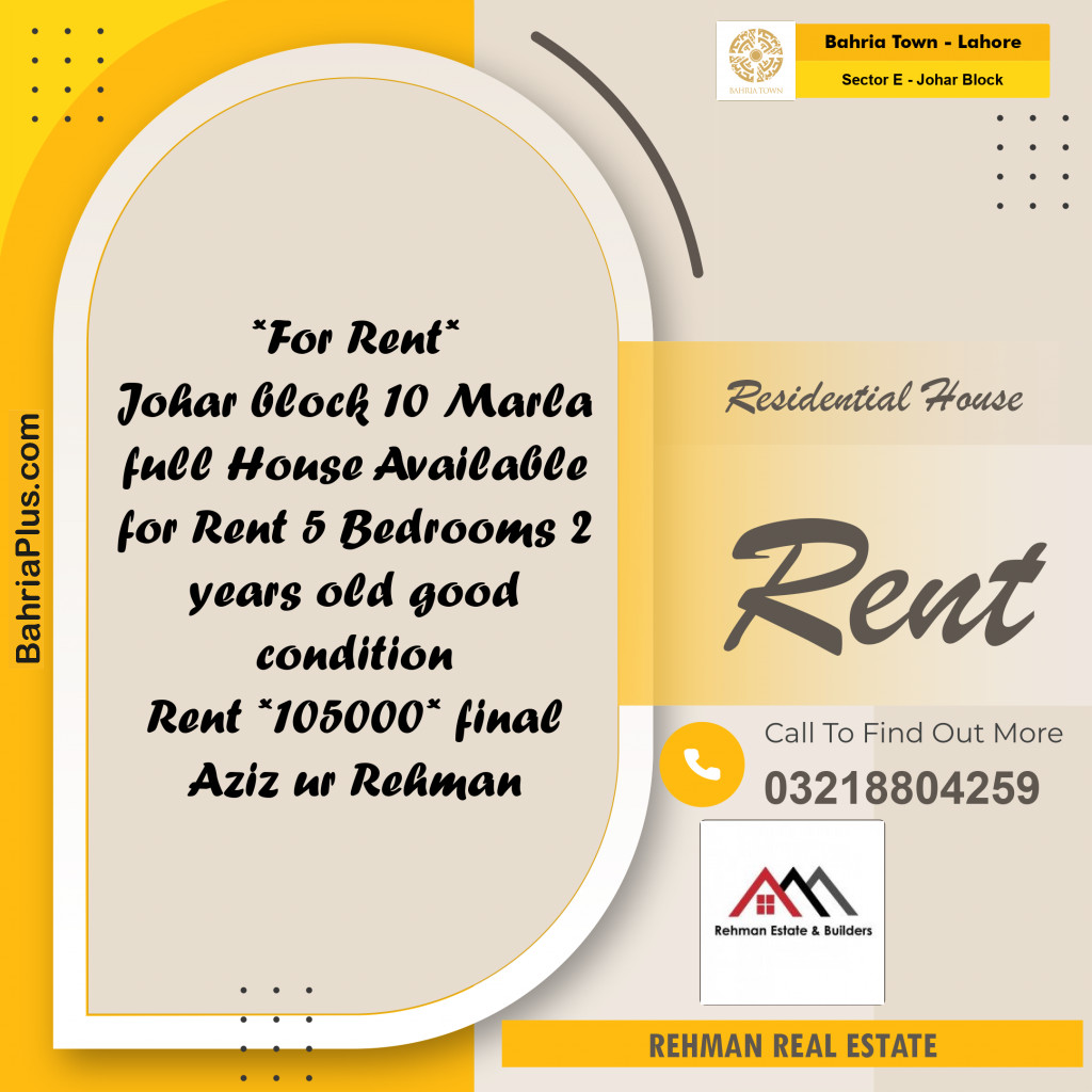 10 Marla Residential House for Rent in Sector E - Johar Block -  Bahria Town, Lahore - (BP-335119)