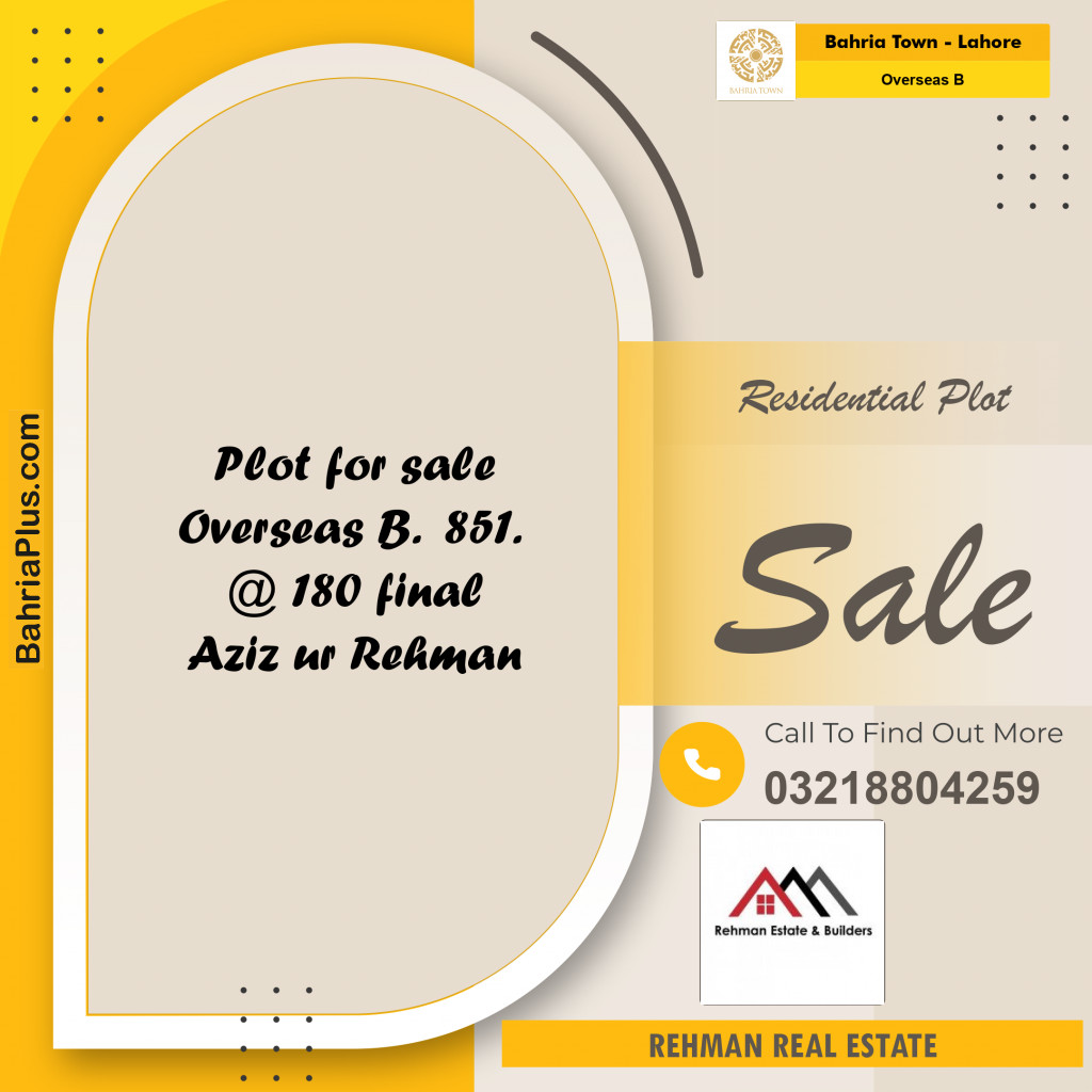 10 Marla Residential Plot for Sale in Overseas B -  Bahria Town, Lahore - (BP-335120)