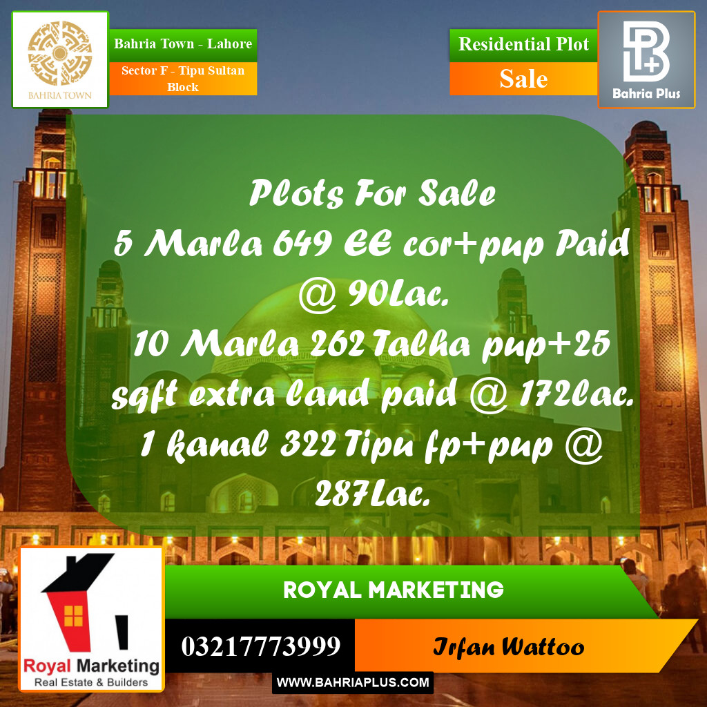 1 Kanal Residential Plot for Sale in Sector F - Tipu Sultan Block -  Bahria Town, Lahore - (BP-335264)