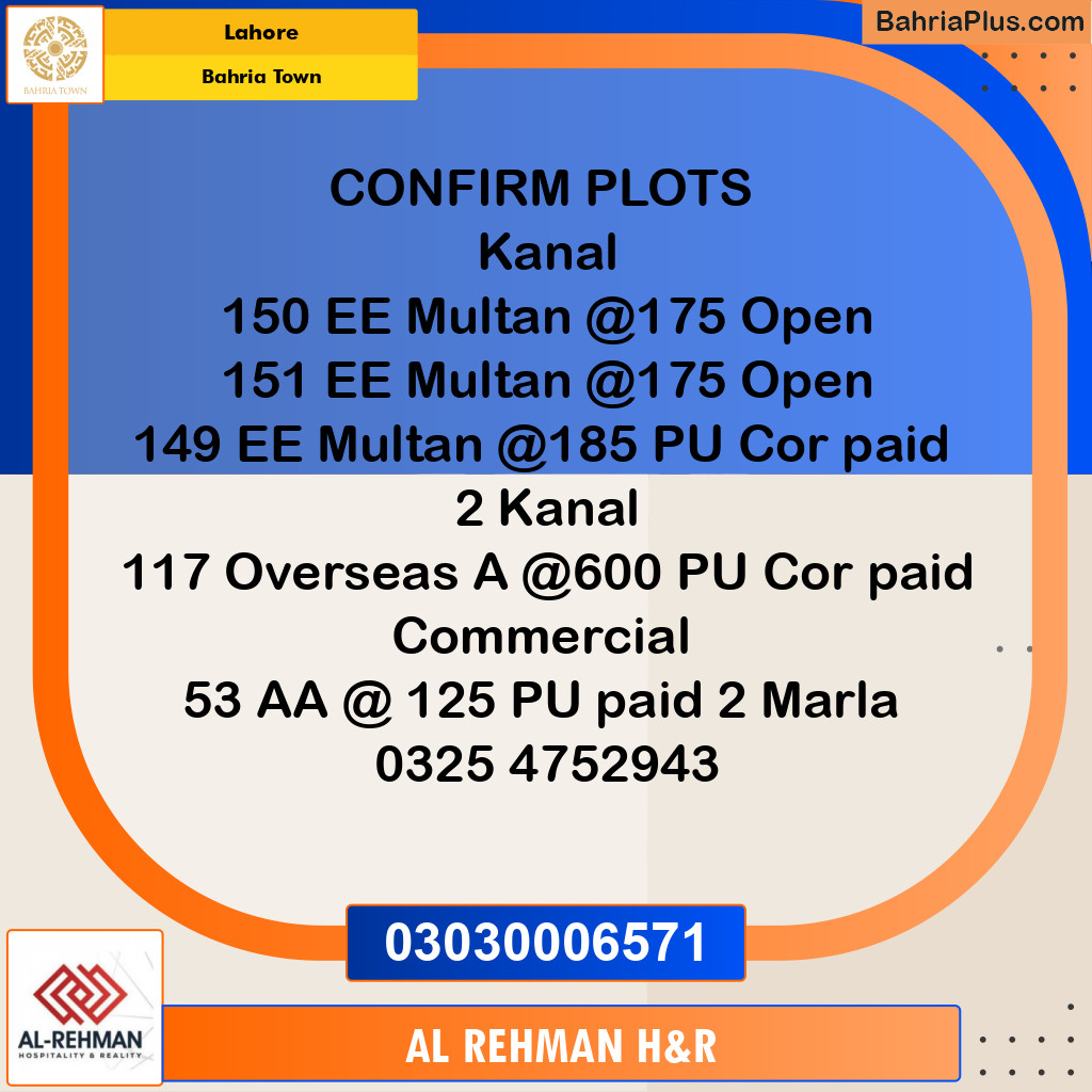 1 Kanal Residential Plot for Sale in Bahria Town, Lahore - (BP-335403)