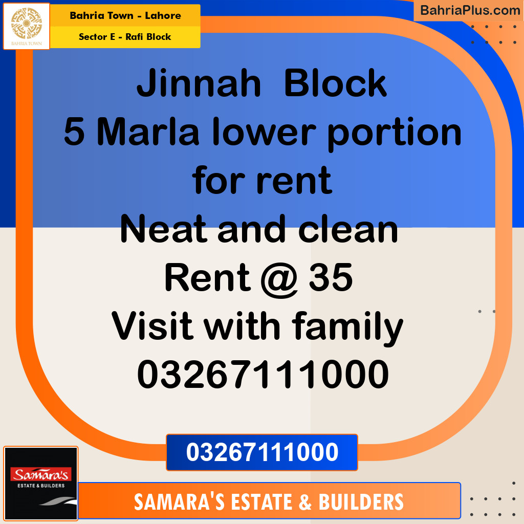 5 Marla Residential House for Rent in Sector E - Rafi Block -  Bahria Town, Lahore - (BP-335471)
