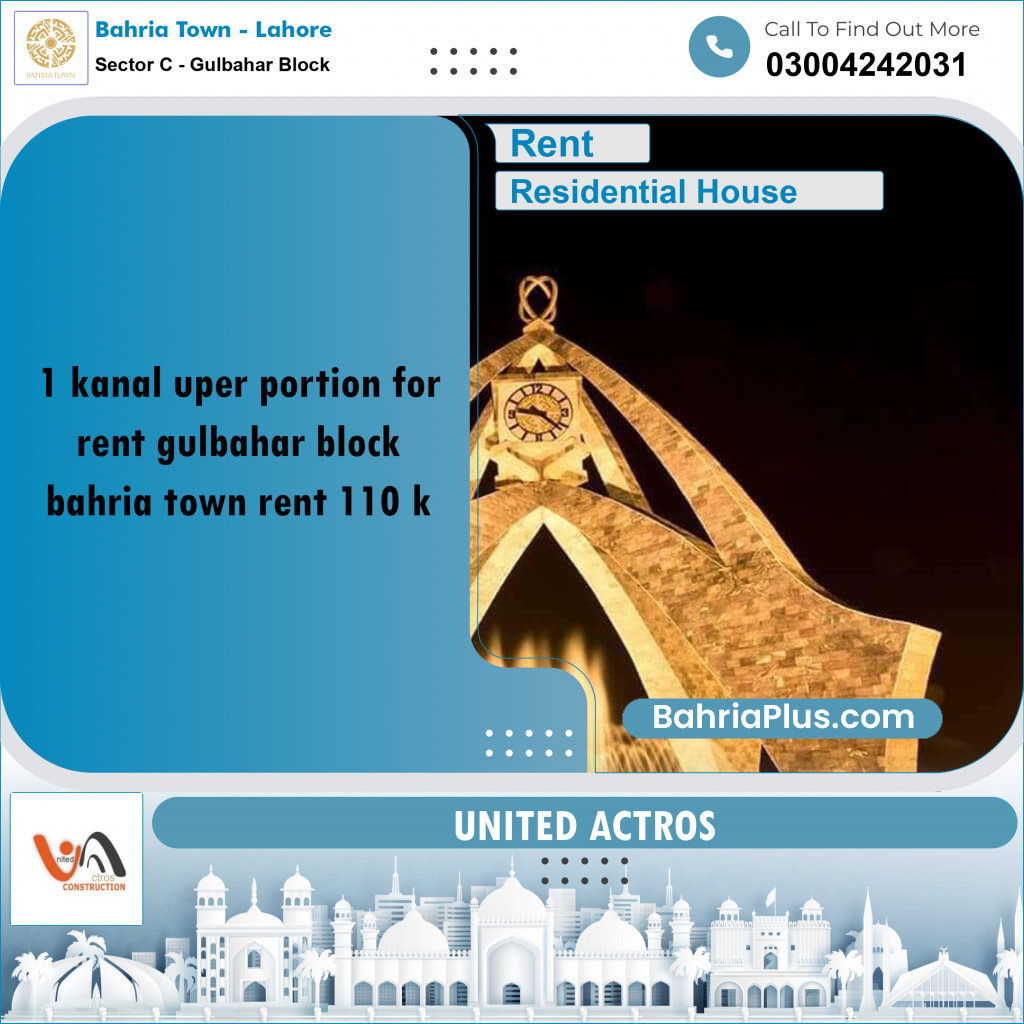 1 Kanal Residential House for Rent in Sector C - Gulbahar Block -  Bahria Town, Lahore - (BP-335577)