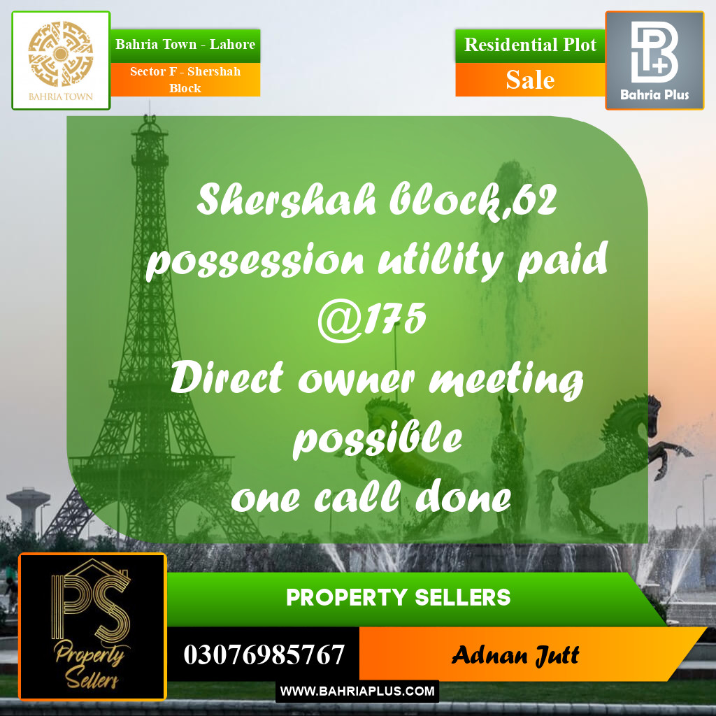 10 Marla Residential Plot for Sale in Sector F - Shershah Block -  Bahria Town, Lahore - (BP-335627)