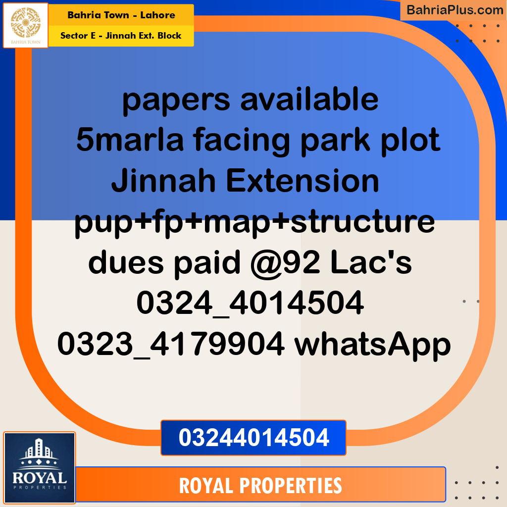 Residential Plot for Sale in Sector E - Jinnah Ext. Block -  Bahria Town, Lahore - (BP-335651)
