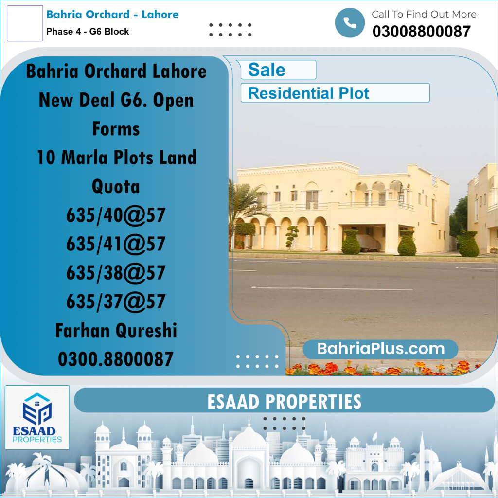 10 Marla Residential Plot for Sale in Phase 4 - G6 Block -  Bahria Orchard, Lahore - (BP-335780)