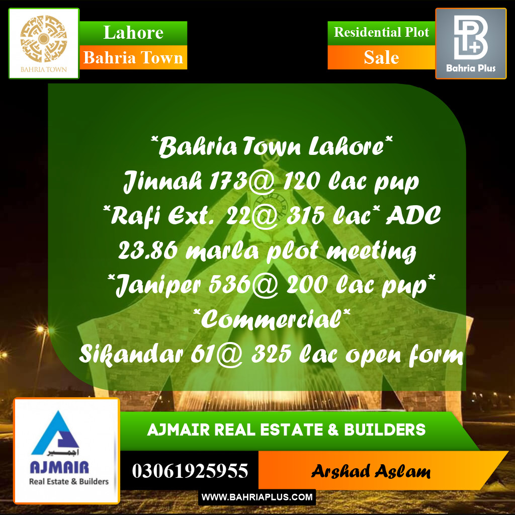 Residential Plot for Sale in Bahria Town, Lahore - (BP-335881)