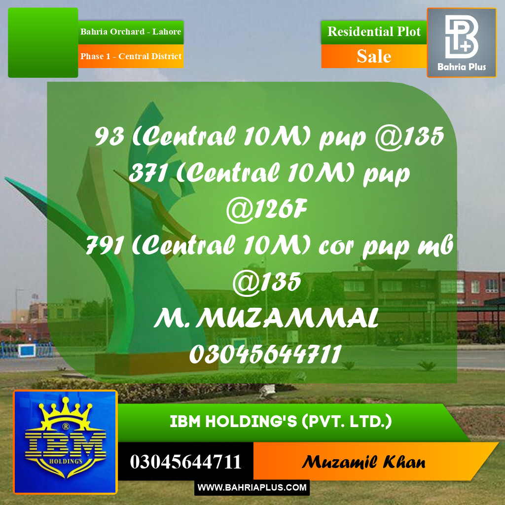 10 Marla Residential Plot for Sale in Phase 1 - Central District -  Bahria Orchard, Lahore - (BP-335952)