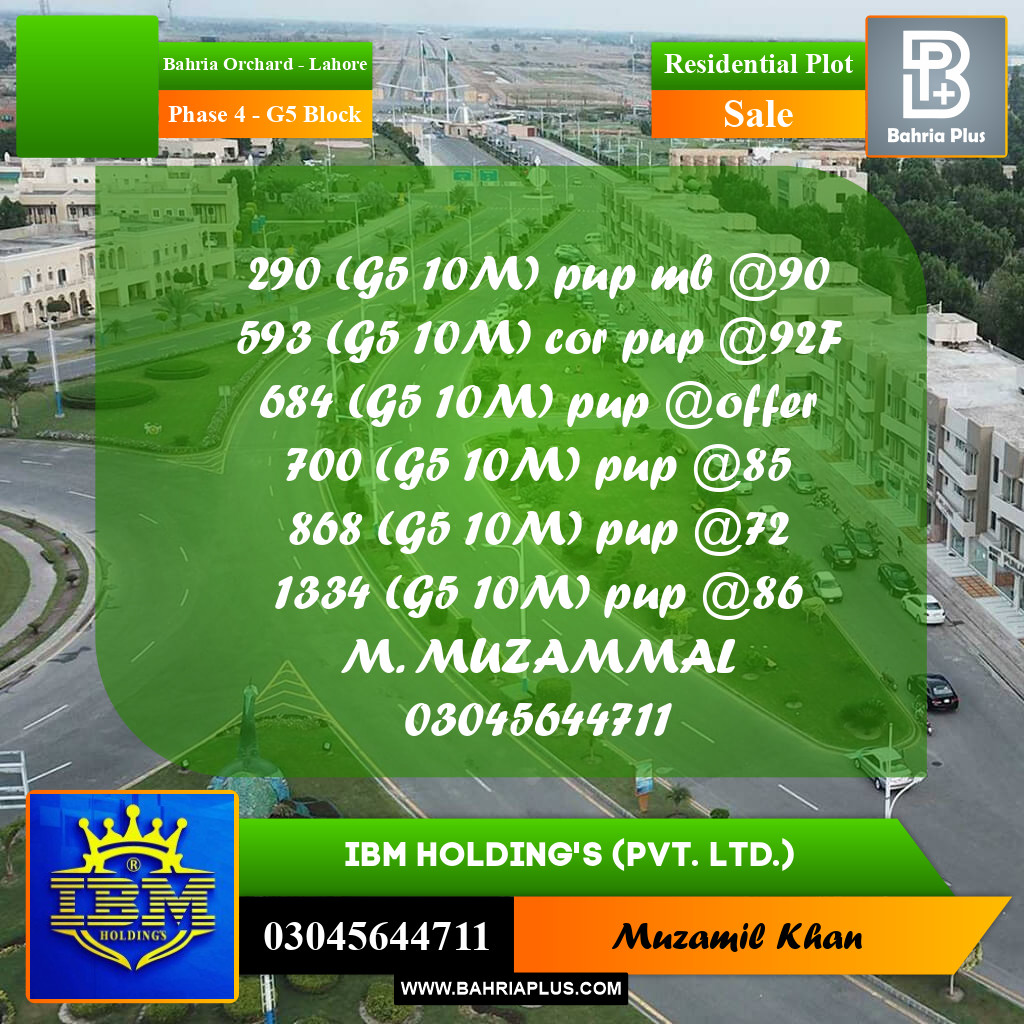 10 Marla Residential Plot for Sale in Phase 4 - G5 Block -  Bahria Orchard, Lahore - (BP-335954)
