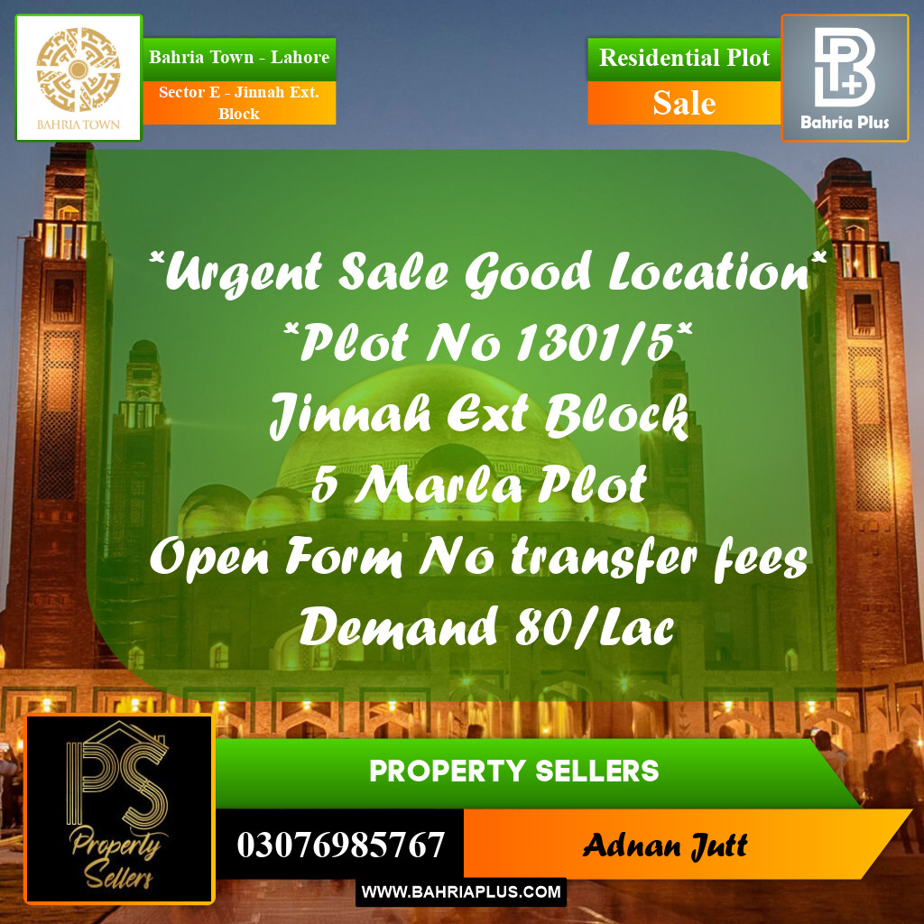5 Marla Residential Plot for Sale in Sector E - Jinnah Ext. Block -  Bahria Town, Lahore - (BP-335971)