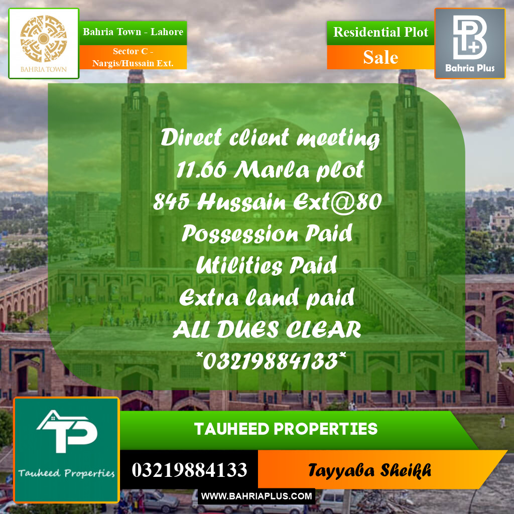 10 Marla Residential Plot for Sale in Sector C - Nargis/Hussain Ext. -  Bahria Town, Lahore - (BP-336119)