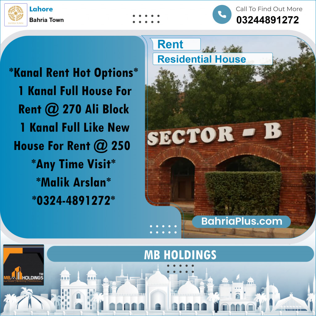Residential House for Rent in Bahria Town, Lahore - (BP-336132)