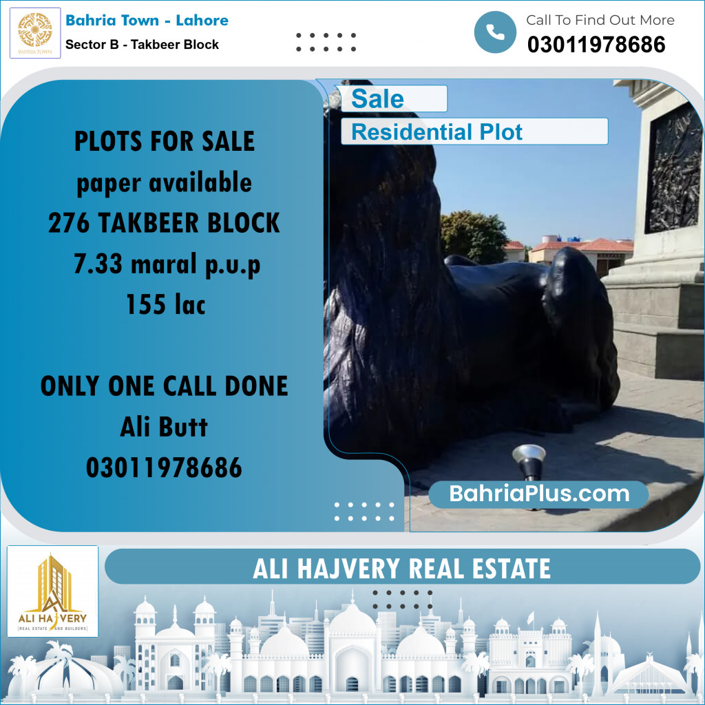 7 Marla Residential Plot for Sale in Sector B - Takbeer Block -  Bahria Town, Lahore - (BP-336238)