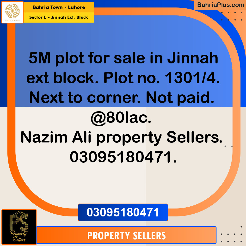 5 Marla Residential Plot for Sale in Sector E - Jinnah Ext. Block -  Bahria Town, Lahore - (BP-336254)