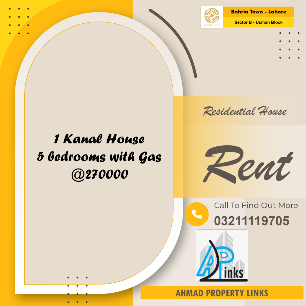 1 Kanal Residential House for Rent in Sector B - Usman Block -  Bahria Town, Lahore - (BP-336363)
