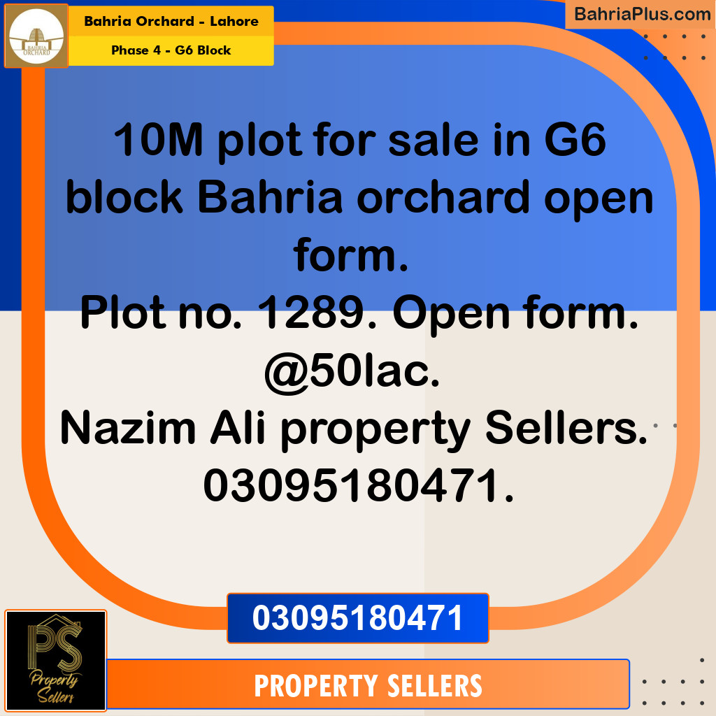 10 Marla Residential Plot for Sale in Phase 4 - G6 Block -  Bahria Orchard, Lahore - (BP-336369)