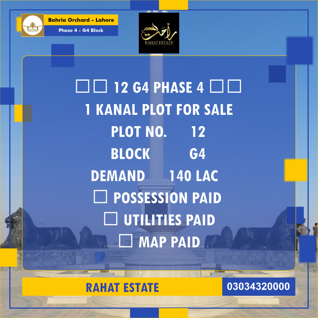 20 Marla Residential Plot for Sale in Phase 4 - G4 Block -  Bahria Orchard, Lahore - (BP-336518)