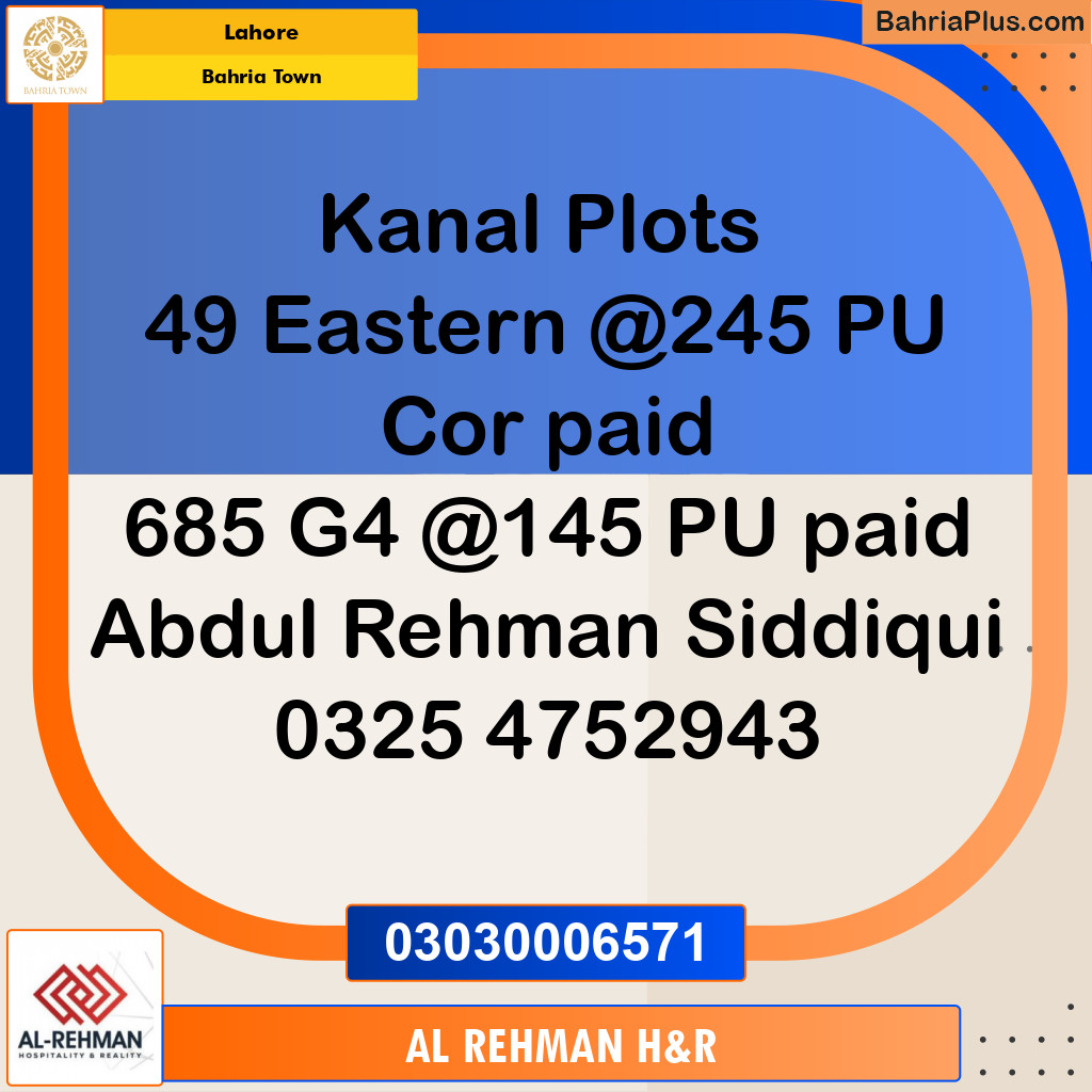 1 Kanal Residential Plot for Sale in Bahria Town, Lahore - (BP-336631)